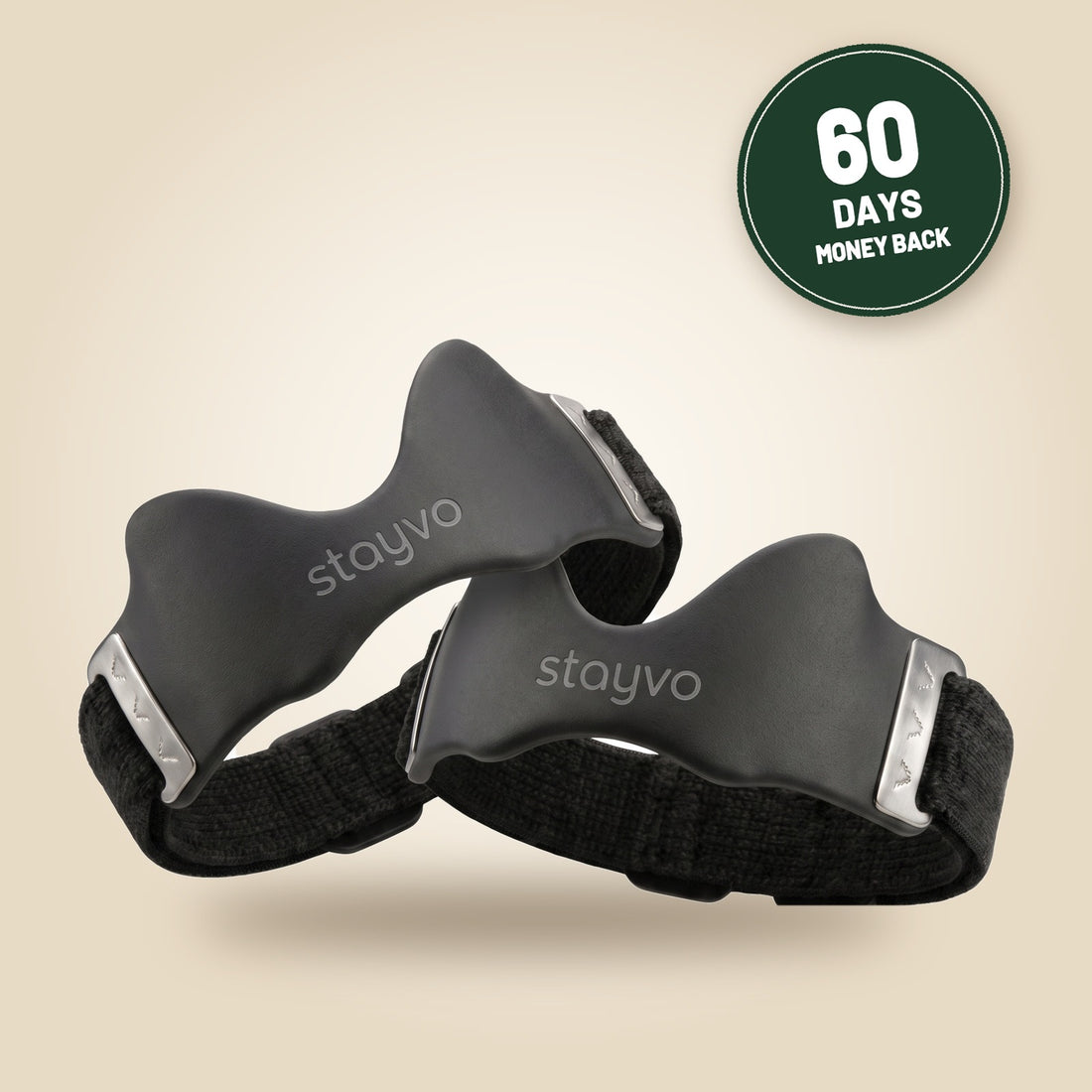 Two Stayvo knee straps with a 60-day money back guarantee badge