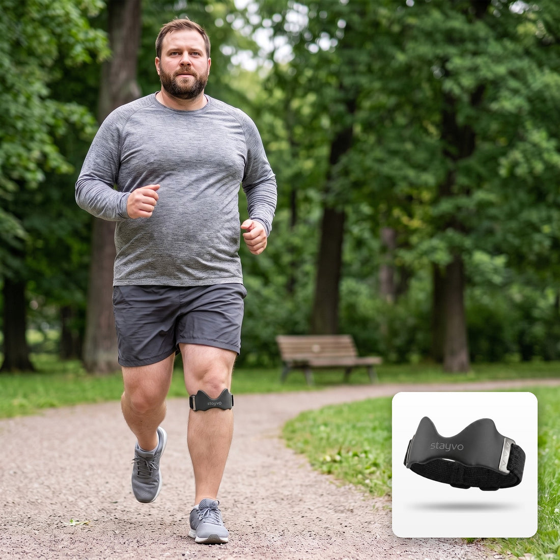 Man jogging on a park path wearing a Stayvo knee strap under his kneecap, with the strap shown in a corner inset