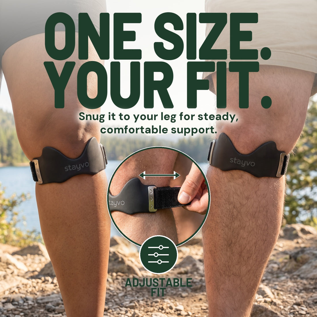 One size, your fit: plus-size legs on a lakeside trail with a Stayvo strap under each kneecap, and a hand tightening the adjustable strap