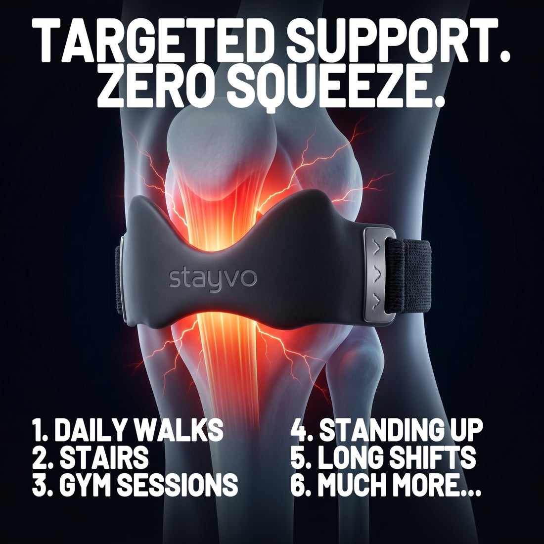 Targeted support, zero squeeze: X-ray view of a Stayvo strap under the kneecap, for daily walks, stairs, gym sessions, standing up and long shifts