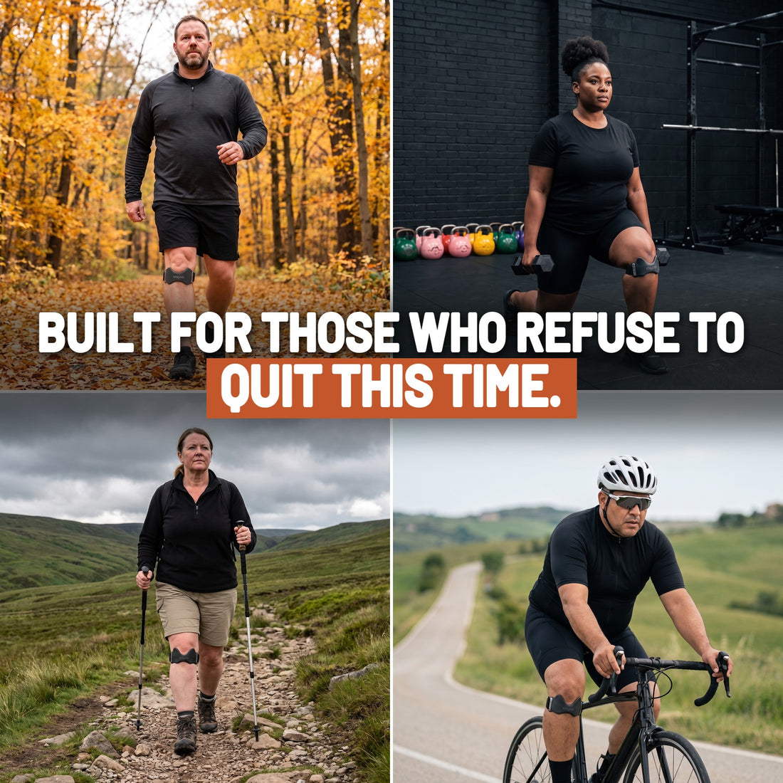 Built for those who refuse to quit this time: four plus-size people walking in a forest, lunging at the gym, hiking and cycling, each with a Stayvo knee strap