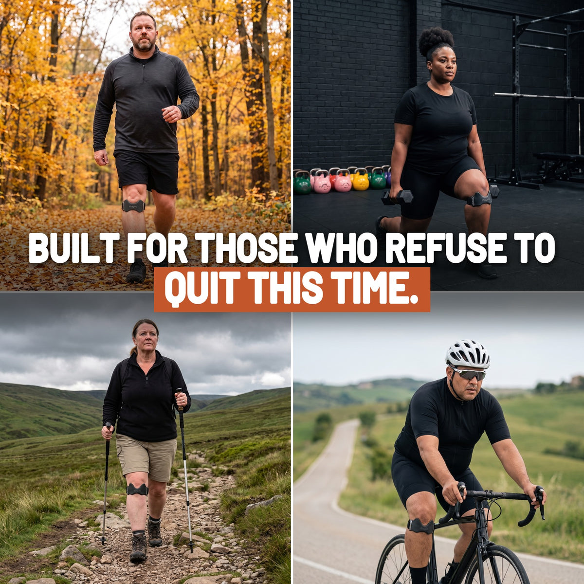 Built for those who refuse to quit this time: four plus-size people walking in a forest, lunging at the gym, hiking and cycling, each with a Stayvo knee strap