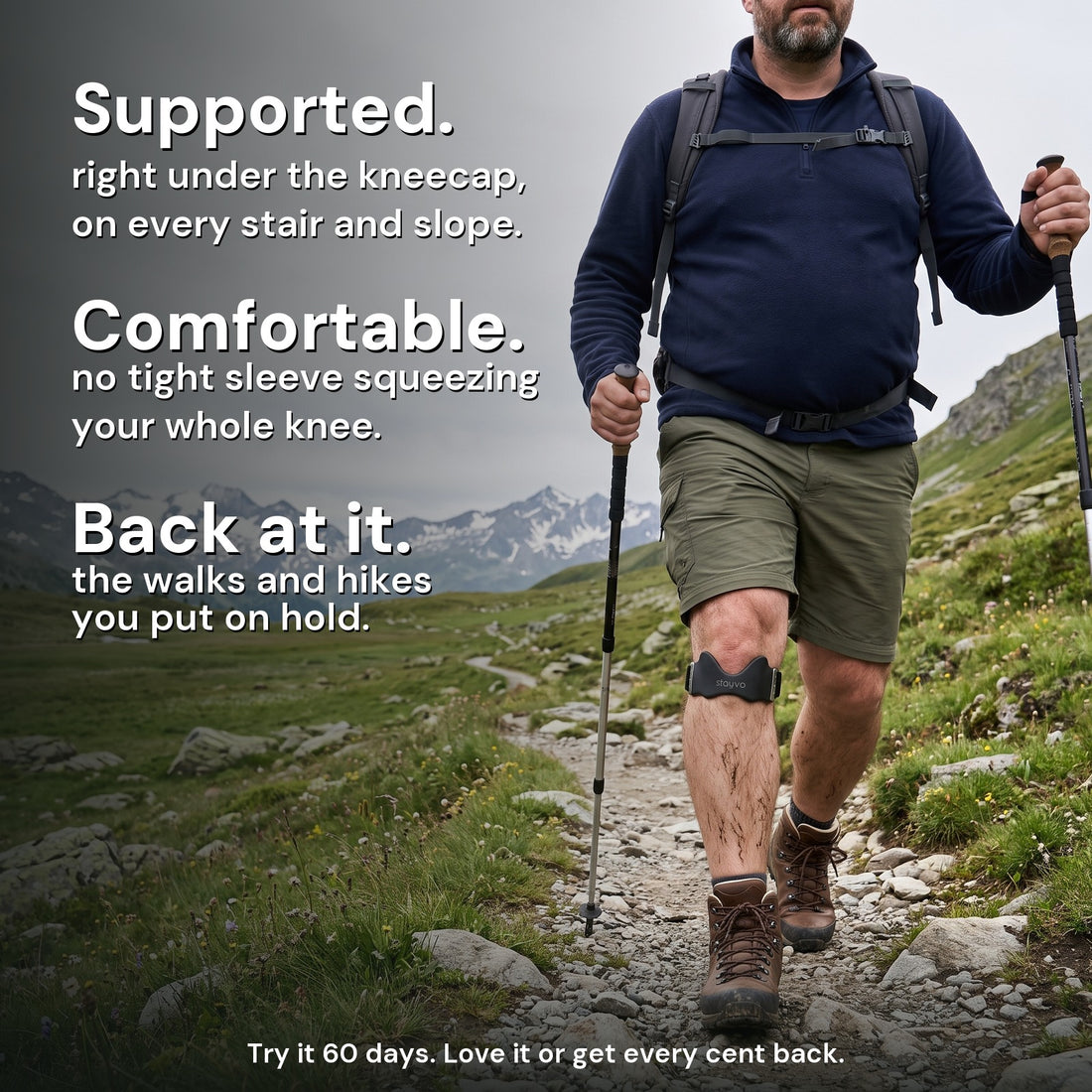 Plus-size hiker on an alpine trail with a Stayvo knee strap: supported, comfortable, back at it. Try it 60 days, love it or get every cent back