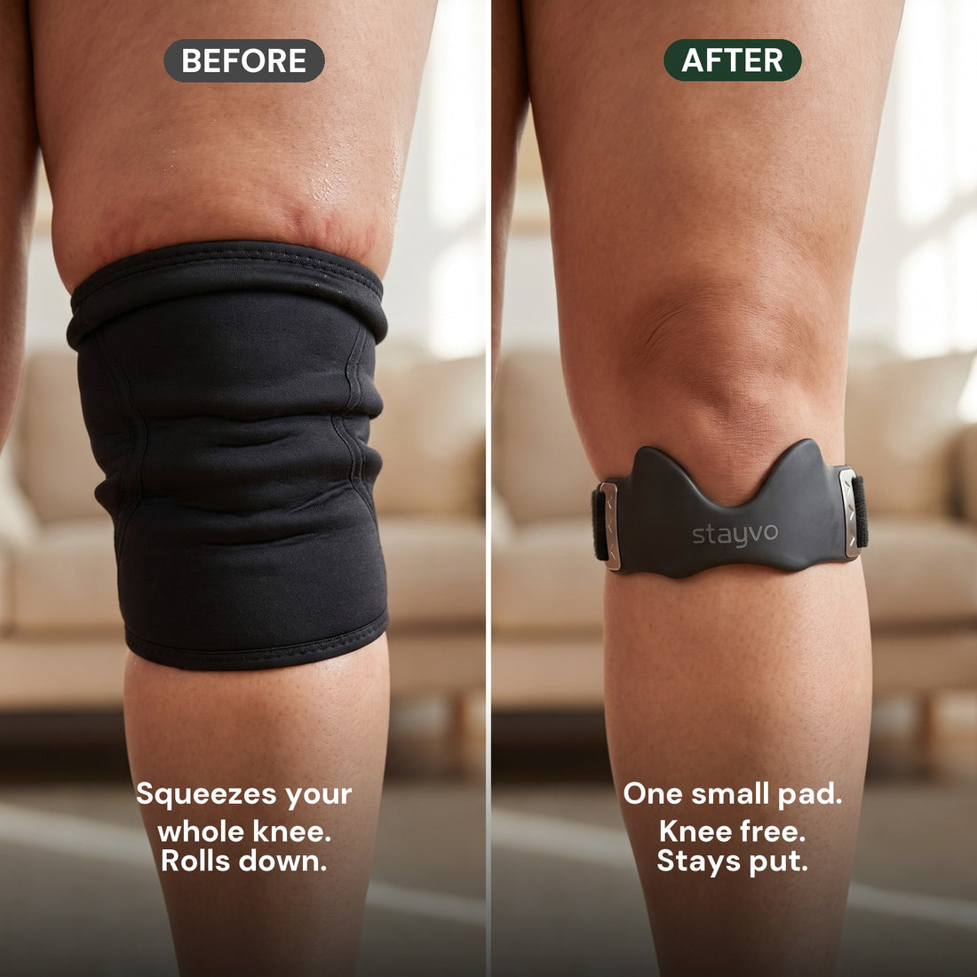 Before and after: the same knee in a bulky neoprene sleeve that squeezes and rolls down, then with the small Stayvo strap under the kneecap